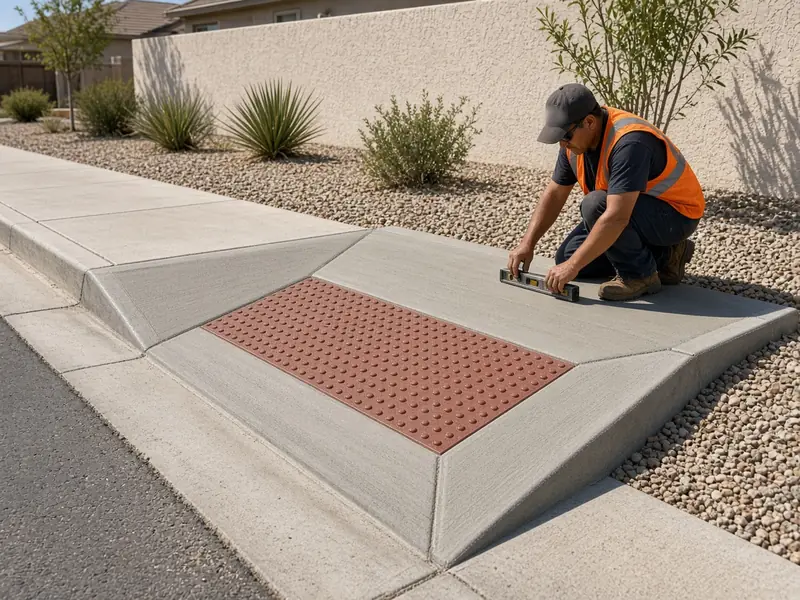 Worker finishing a new concrete curb ramp with a red detectable warning panel