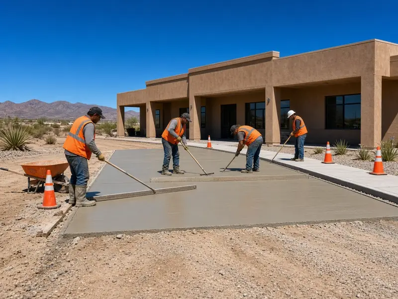 Crew in high-visibility vests placing new concrete flatwork in front of a stucco commercial building