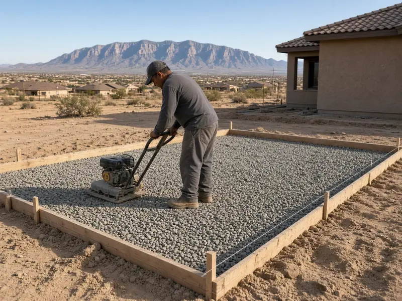 Worker running a plate compactor over a gravel base inside new forms, with the Sandia Mountains behind