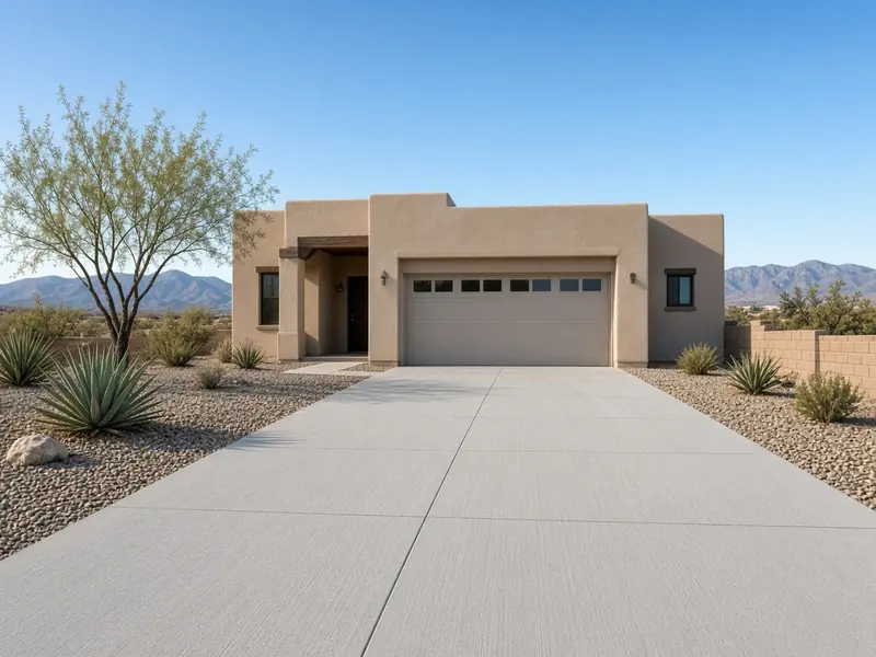 New broom-finish concrete driveway with saw-cut joints leading to the garage of a tan stucco home