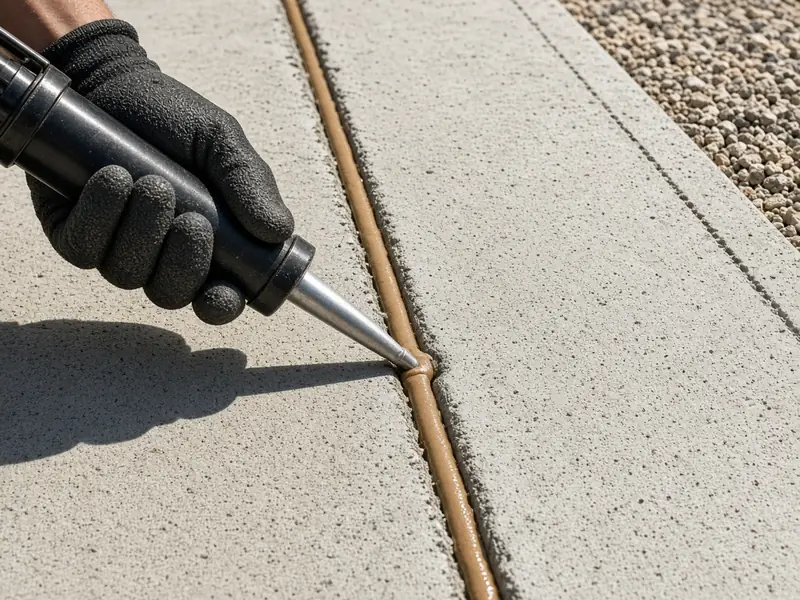 Gloved hand sealing a cleaned control joint in a concrete driveway with tan flexible sealant
