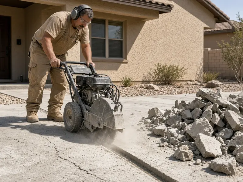 Worker saw-cutting a straight line through an old cracked concrete slab before removal