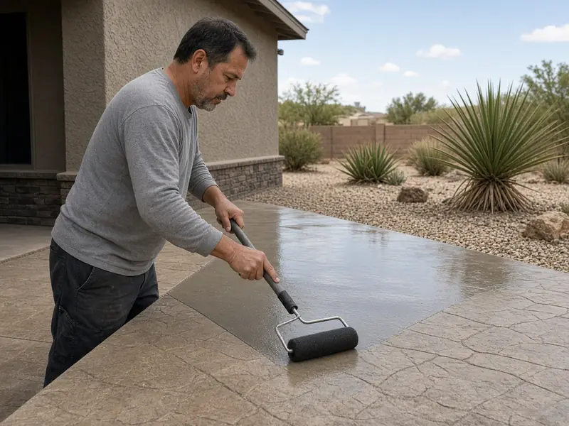 Worker rolling clear sealer onto a stamped concrete surface
