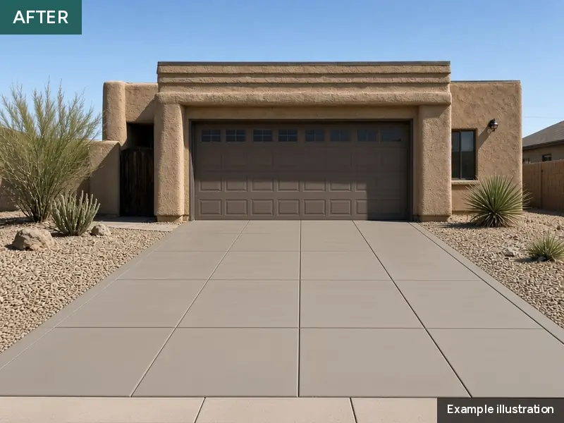 Example illustration: the same driveway replaced with new broom-finish concrete and straight saw-cut joints