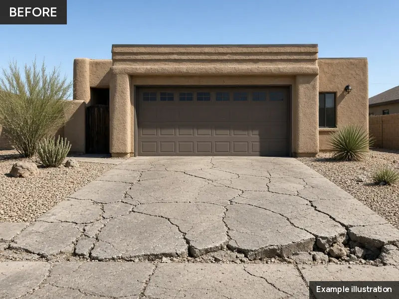 Example illustration: a cracked, broken concrete driveway in front of a stucco garage