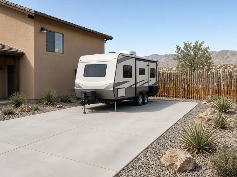 New concrete RV pad along the side yard of a stucco home with a travel trailer parked on it