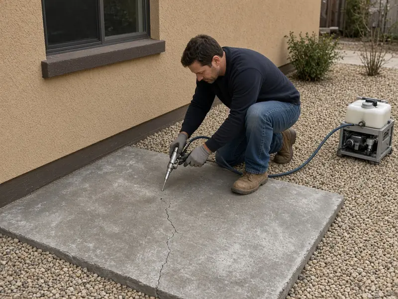 Slab leveling equipment beside a sunken concrete panel next to a stucco house