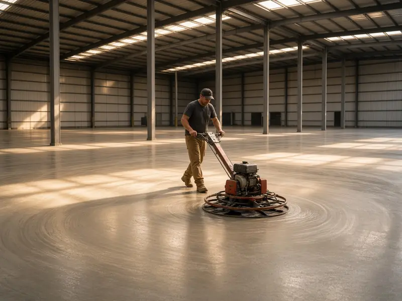 Worker running a walk-behind power trowel across a new warehouse floor slab